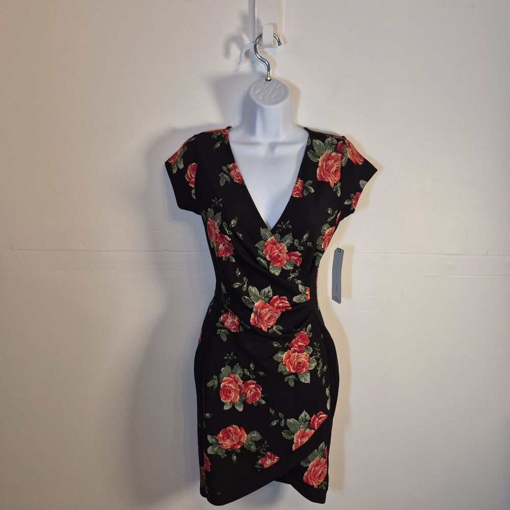Almost Famous Women's Mini Dress Junior Size S Faux Wrap Black Floral Red Roses